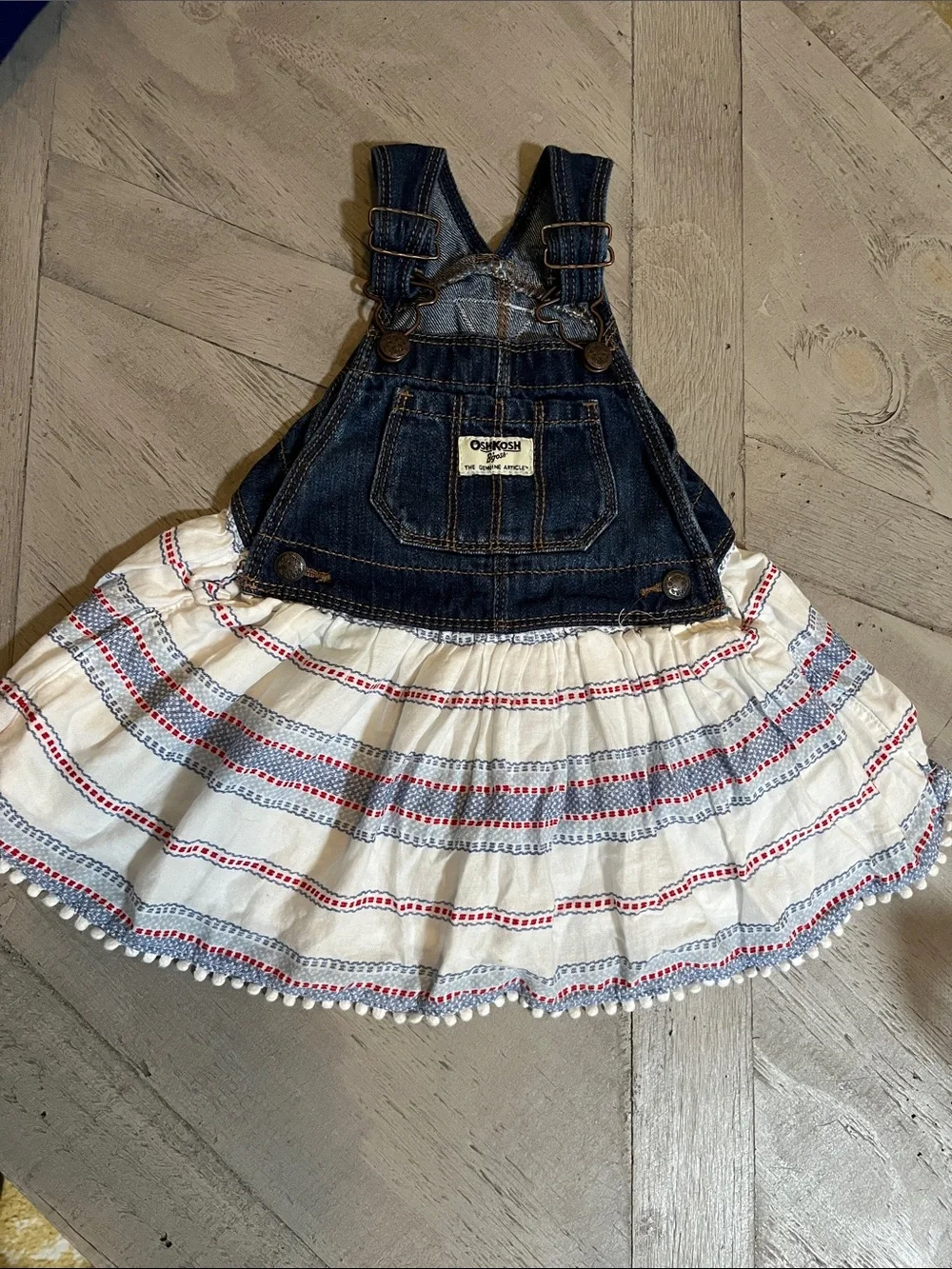 OshKosh B'gosh Denim Overall Dress - Navy, White & Red Accents 9-12M Lined